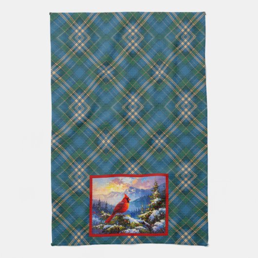 Kardinaal op Groen, Blauw, Goud, Kerst gespeeld Theedoek (Verticaal)