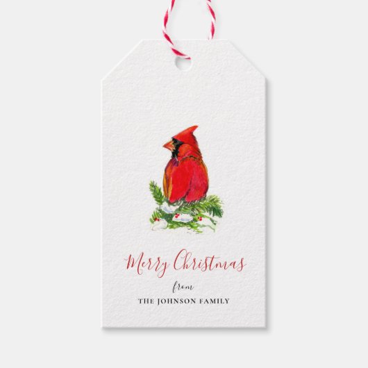 Kardinaal op pijnboomvertakking waterverf geschild cadeaulabel (Voorkant)