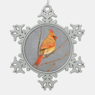 Kardinaal op tak schilderij - Originele vogel kuns Tin Sneeuwvlok Ornament