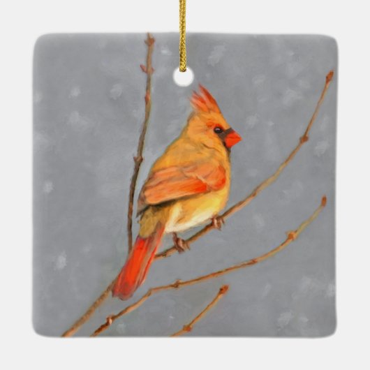 Kardinaal op vertakkingen - Oorspronkelijke vogelk Keramisch Ornament (Achterkant)