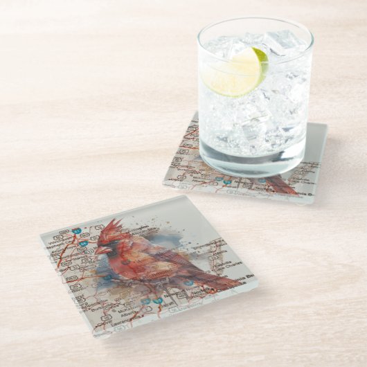 Kardinaal op Virginia Road Map Glazen Onderzetter (Schuin)