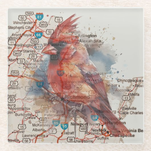 Kardinaal op Virginia Road Map Glazen Onderzetter (Voorkant)