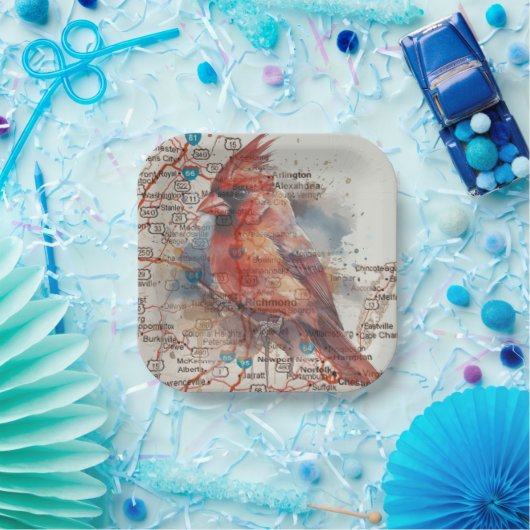 Kardinaal op Virginia Road Map Papieren Bordje (Feest)