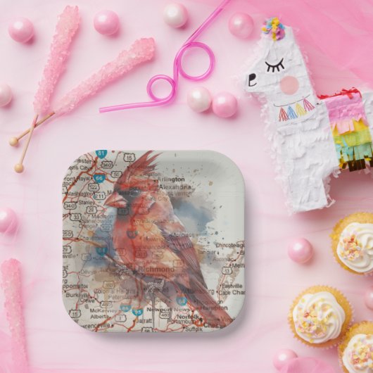 Kardinaal op Virginia Road Map Papieren Bordje (Feest)