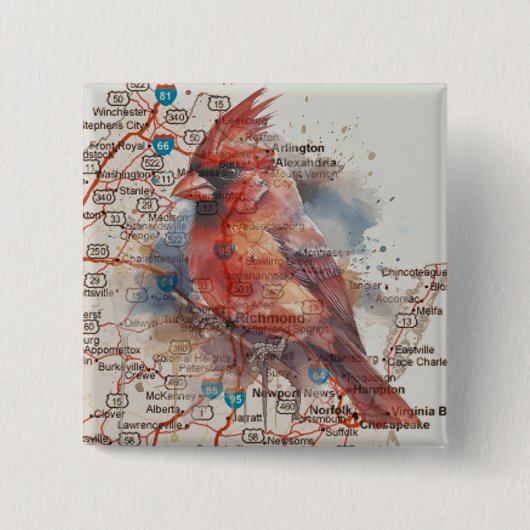 Kardinaal op Virginia Road Map Vierkante Button 5,1 Cm (Voorkant)