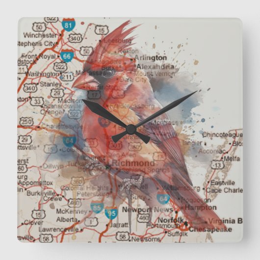 Kardinaal op Virginia Road Map Vierkante Klok (Voorkant)