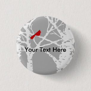 Kardinaal op vogelboomtak.  Knoop. Ronde Button 3,2 Cm