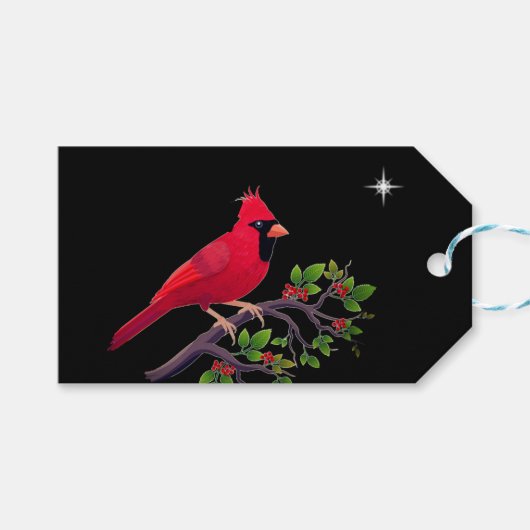 Kardinaal op Zwarte en Rode Vakantie Cadeaulabel (Voorkant (Horizontaal))