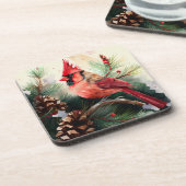 Kardinaal Perched in Evergreen Tree met Pinecones Bier Onderzetter (Linkerzijde)