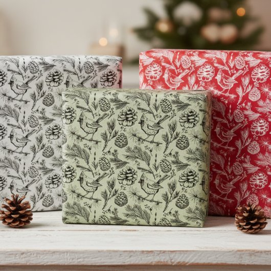 Kardinaal, Pinecones, Pijnnaalden & Winterbessen Inpakpapier Vel