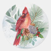 Kardinaal Rode Pine Greenery Kerstmis Ronde Sticker (Voorkant)