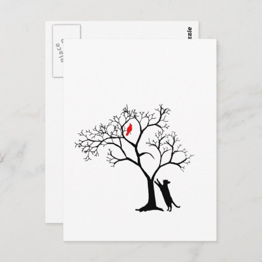 Kardinaal-rode vogel in de sneeuwwinterboom en kat briefkaart (Voorkant / Achterkant)