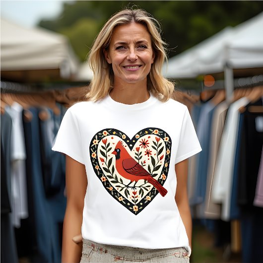 Kardinaal (Rode Vogel) Liefhebber - Folk Art Style T-shirt