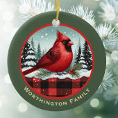 Kardinaal Snow in Buffalo Plaid Familienaam Monogr Keramisch Ornament