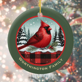 Kardinaal Snow in Buffalo Plaid Familienaam Monogr Keramisch Ornament