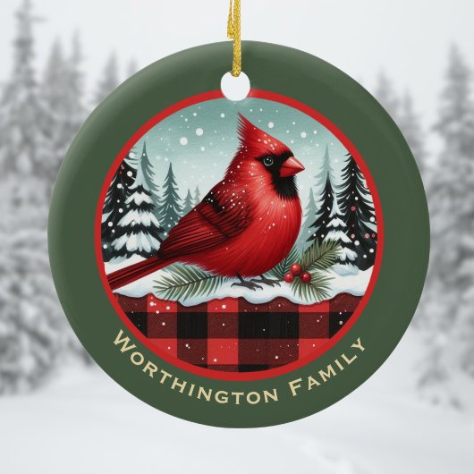 Kardinaal Snow in Buffalo Plaid Familienaam Monogr Keramisch Ornament