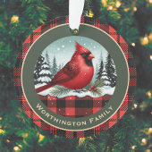 Kardinaal Snow in Buffalo Plaid Familienaam Monogr Ornament