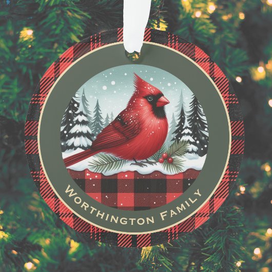 Kardinaal Snow in Buffalo Plaid Familienaam Monogr Ornament