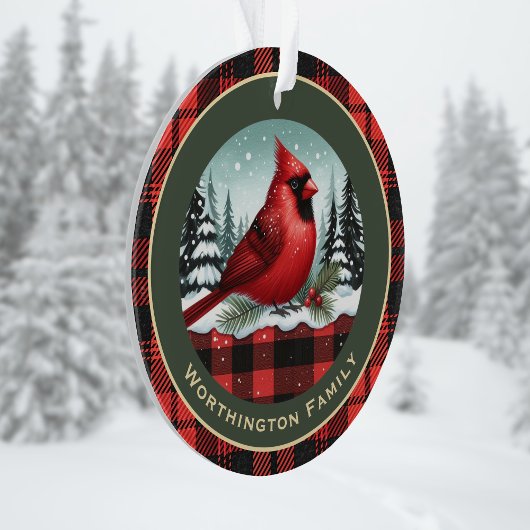 Kardinaal Snow in Buffalo Plaid Familienaam Monogr Ornament