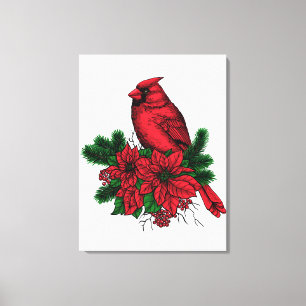 Kardinaal vogel, kersttekening canvas afdruk