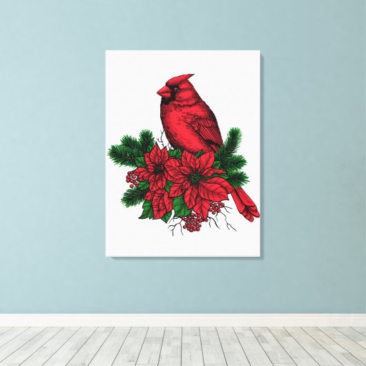 Kardinaal vogel, kersttekening canvas afdruk (Insitu (Houten vloer))