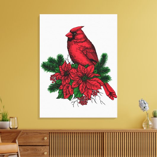 Kardinaal vogel, kersttekening canvas afdruk (Insitu (Woonkamer))