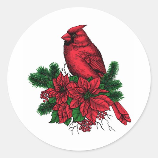 Kardinaal vogel, kersttekening ronde sticker (Voorkant)
