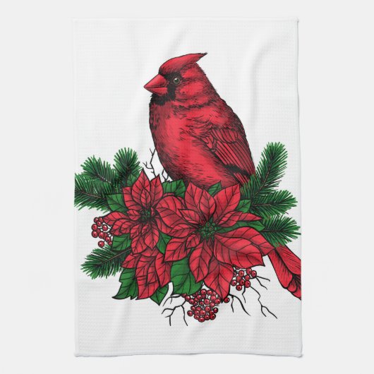 Kardinaal vogel, kersttekening theedoek (Verticaal)