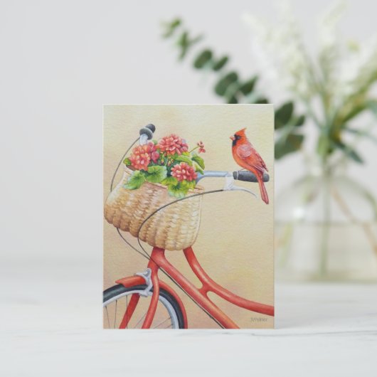 Kardinaal vogel op fietsende Waterverf kunst Briefkaart (Staand voorkant)