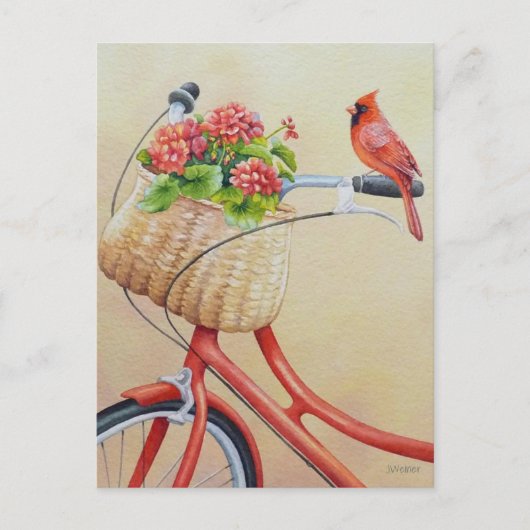 Kardinaal vogel op fietsende Waterverf kunst Briefkaart (Voorkant)
