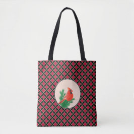 Kardinaal vogel op zwart en rood geruit tote bag