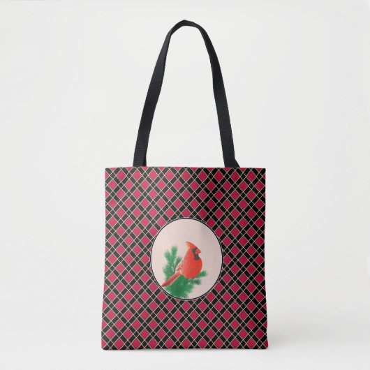 Kardinaal vogel op zwart en rood geruit tote bag (Voorkant)