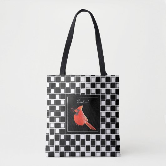 Kardinaal vogel op zwart wit ingecheckt patroon tote bag (Voorkant)
