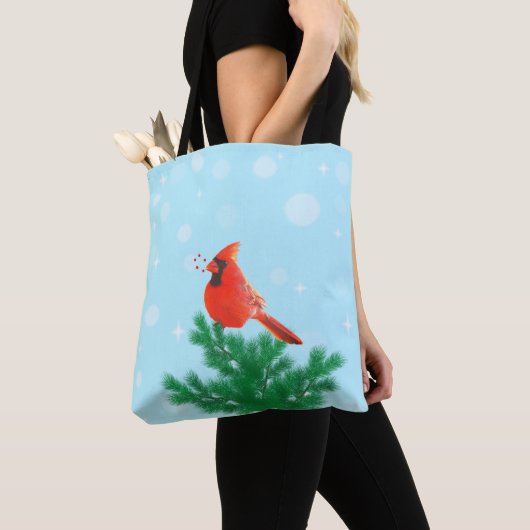 Kardinaal vogel & wilde bessen op lichtblauw tote bag (Dichtbij)