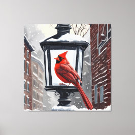 Kardinaal Vogel zat op een met sneeuw bedekte lant Canvas Afdruk