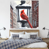 Kardinaal Vogel zat op een met sneeuw bedekte lant Canvas Afdruk (Insitu (Slaapkamer))