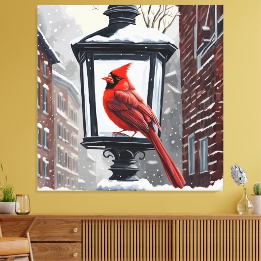 Kardinaal Vogel zat op een met sneeuw bedekte lant Canvas Afdruk (Insitu (Woonkamer))