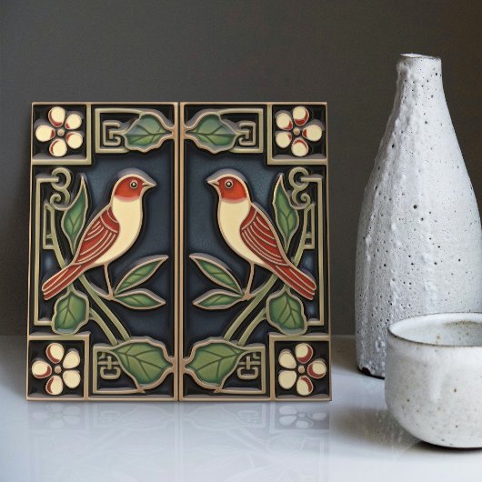 Kardinaal Vogels Bloemen Art Deco Nouveau Wanddeco Tegeltje