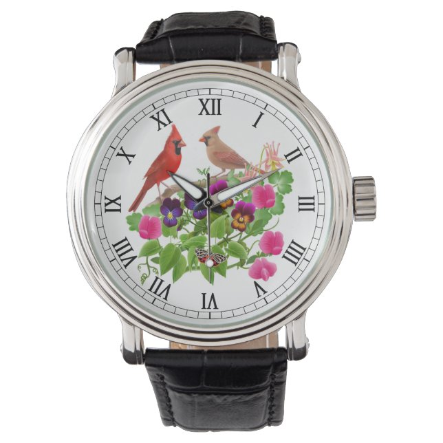 Kardinaal Vogels op Tuin Bloemen Horloge (Voorkant)