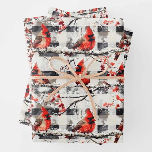 Kardinaal Vogels Winter Kerstmis Tartan Plaid 1 Inpakpapier Vel (In situ)