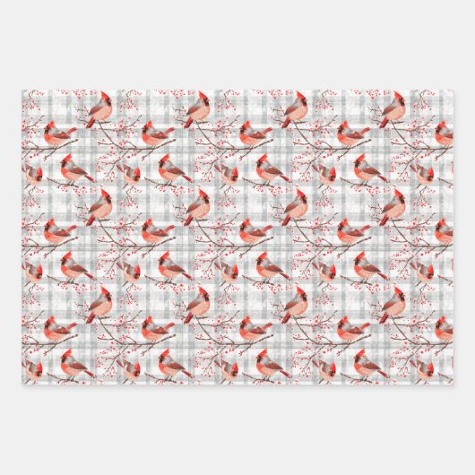 Kardinaal Vogels Winter Kerstmis Tartan Plaid 2 Inpakpapier Vel (Voorkant 2)