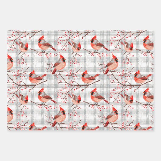 Kardinaal Vogels Winter Kerstmis Tartan Plaid 2 Inpakpapier Vel (Voorkant)