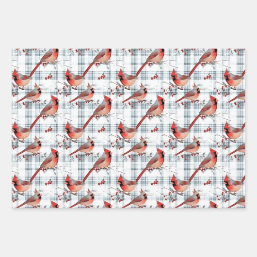 Kardinaal Vogels Winter Kerstmis Tartan Plaid 3 Inpakpapier Vel (Voorkant 2)