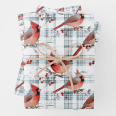 Kardinaal Vogels Winter Kerstmis Tartan Plaid 3 Inpakpapier Vel (In situ)