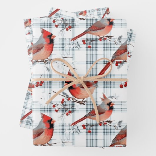 Kardinaal Vogels Winter Kerstmis Tartan Plaid 3 Inpakpapier Vel (In situ)