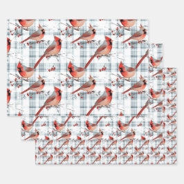 Kardinaal Vogels Winter Kerstmis Tartan Plaid 3 Inpakpapier Vel
