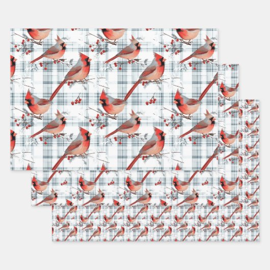 Kardinaal Vogels Winter Kerstmis Tartan Plaid 3 Inpakpapier Vel (Set)