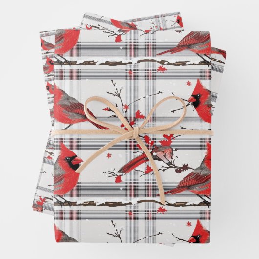 Kardinaal Vogels Winter Kerstmis Tartan Plaid 4 Inpakpapier Vel (In situ)