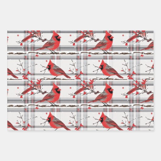 Kardinaal Vogels Winter Kerstmis Tartan Plaid 4 Inpakpapier Vel (Voorkant)