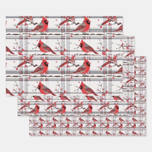 Kardinaal Vogels Winter Kerstmis Tartan Plaid 4 Inpakpapier Vel (Set)